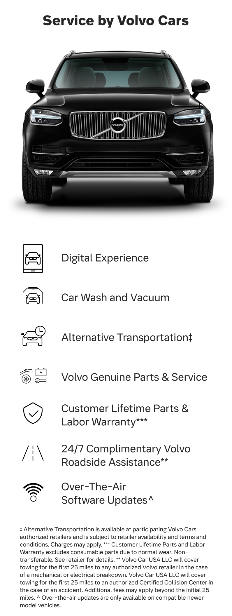 Service by Volvo Cars — Digital Experience, Lifetime Parts & Labor Warranty, Car Wash and Vacuum, Roadside Assistance, Alternative Transportation, Software Updates, Genuine Parts & Service