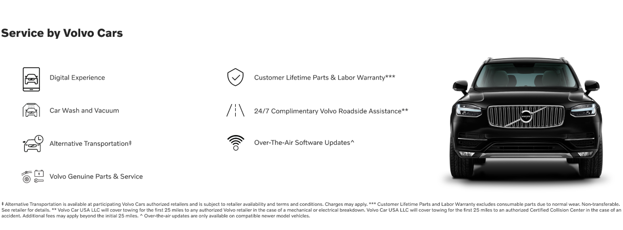 Service by Volvo Cars — Digital Experience, Lifetime Parts & Labor Warranty, Car Wash and Vacuum, Roadside Assistance, Alternative Transportation, Software Updates, Genuine Parts & Service